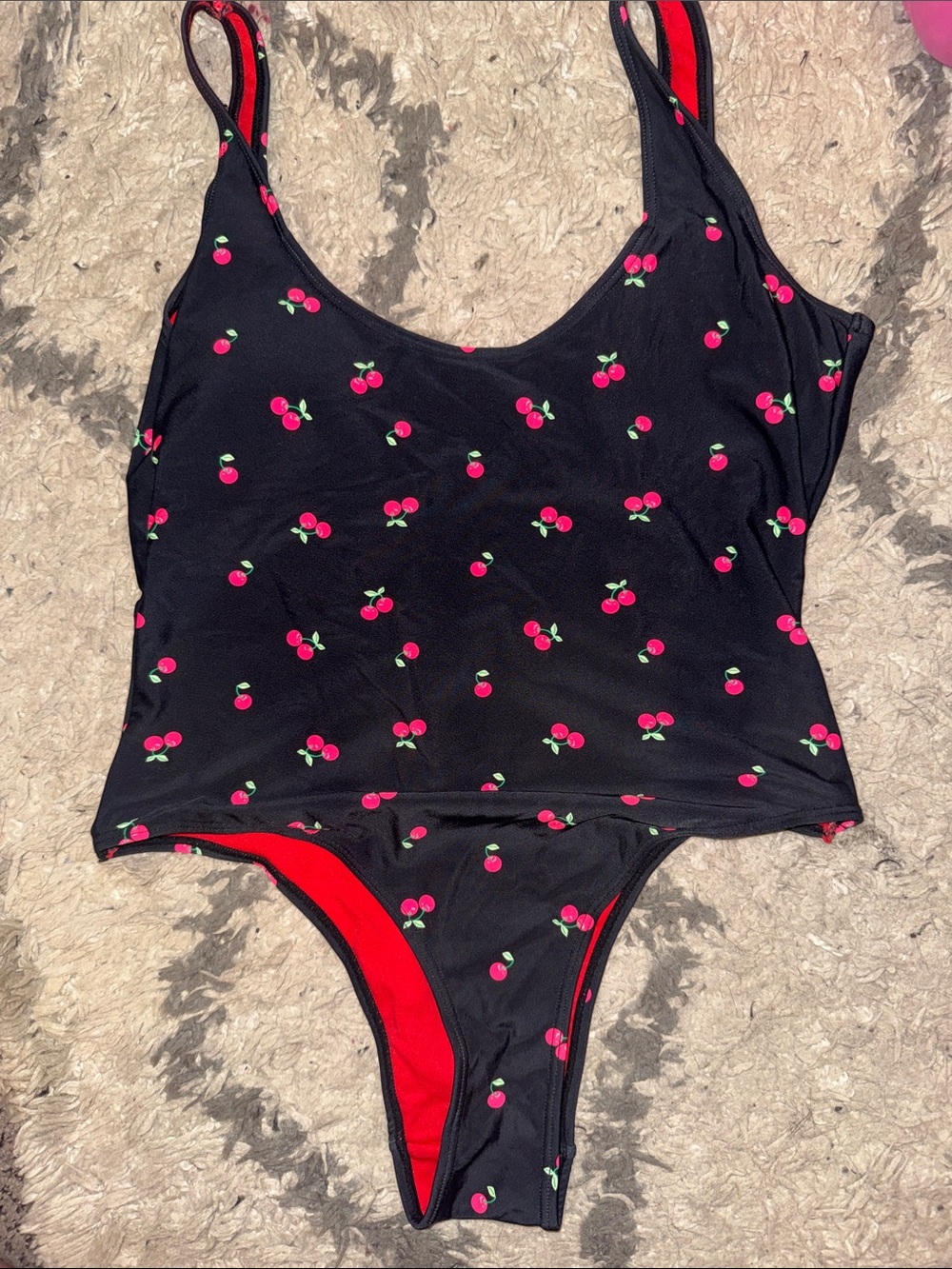 Womans Black One-Piece Swimsuit with Red Cherry Print